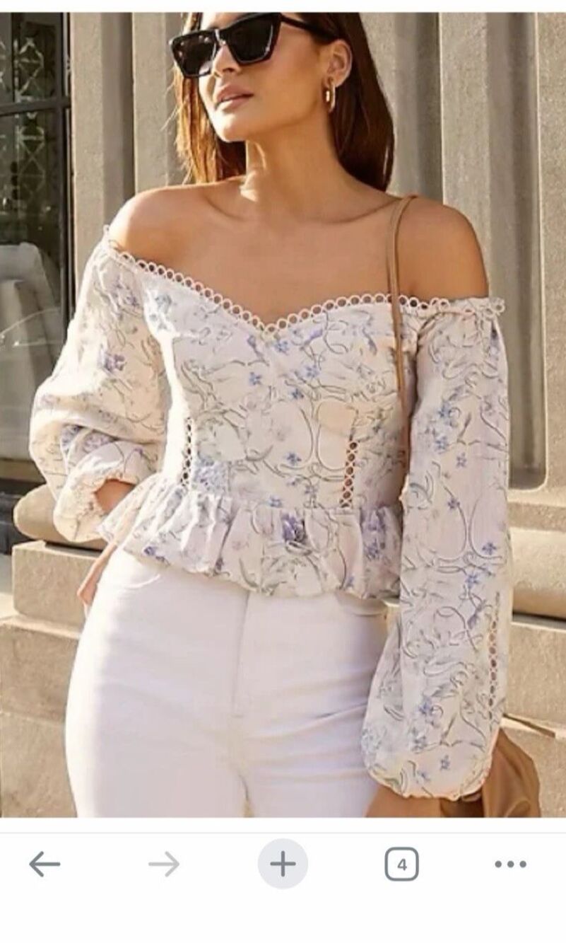 Ren Faire Cottage Coquette Fairy Floral Off-Shoulder Eyelet Corset Peplum Top S